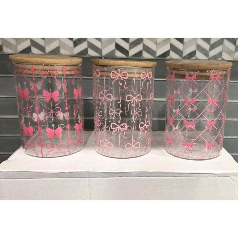 Nib New Set of 3 Pink Bow Glass Bathroom Vanity Candy Storage Jars Containers